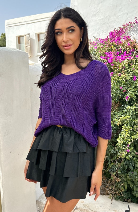 V-Hals Gehaakte Lurex Trui Dark Purple – shoparchief, foto 5