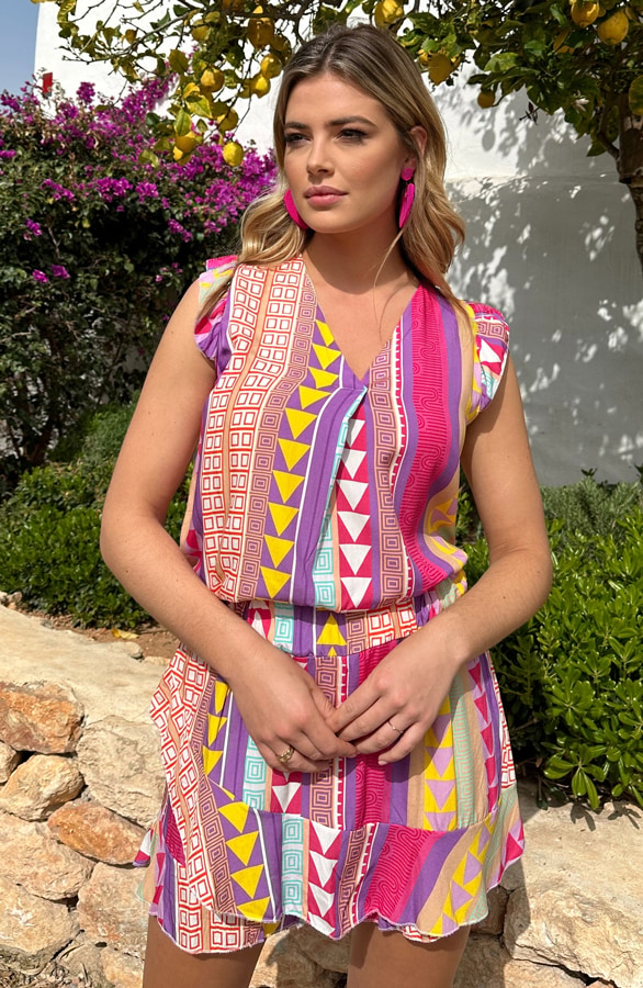 V-hals Multicolor Aztec Ruffle Top 2.0 – shoparchief, foto 6