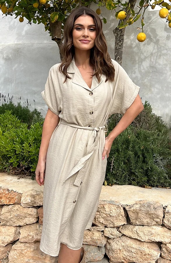 Knopen Midi Jurk Beige – shoparchief, foto 3