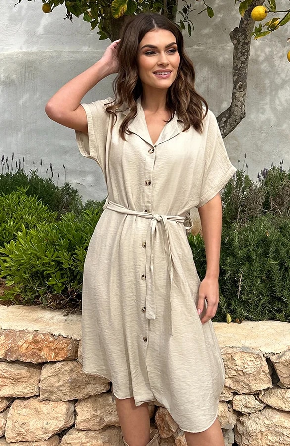 Knopen Midi Jurk Beige – shoparchief, foto 5
