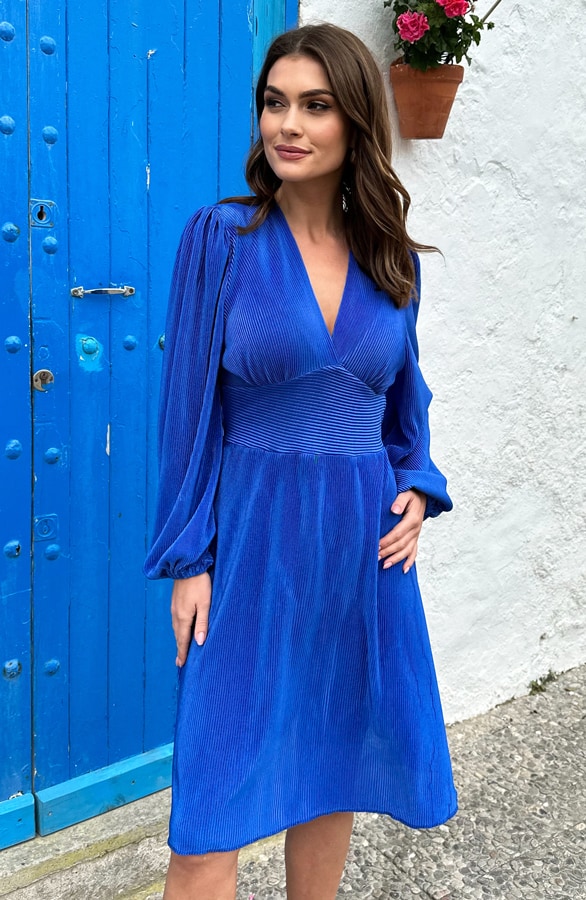 Pofmouwen Plisse Jurk Kobalt – shoparchief, foto 4