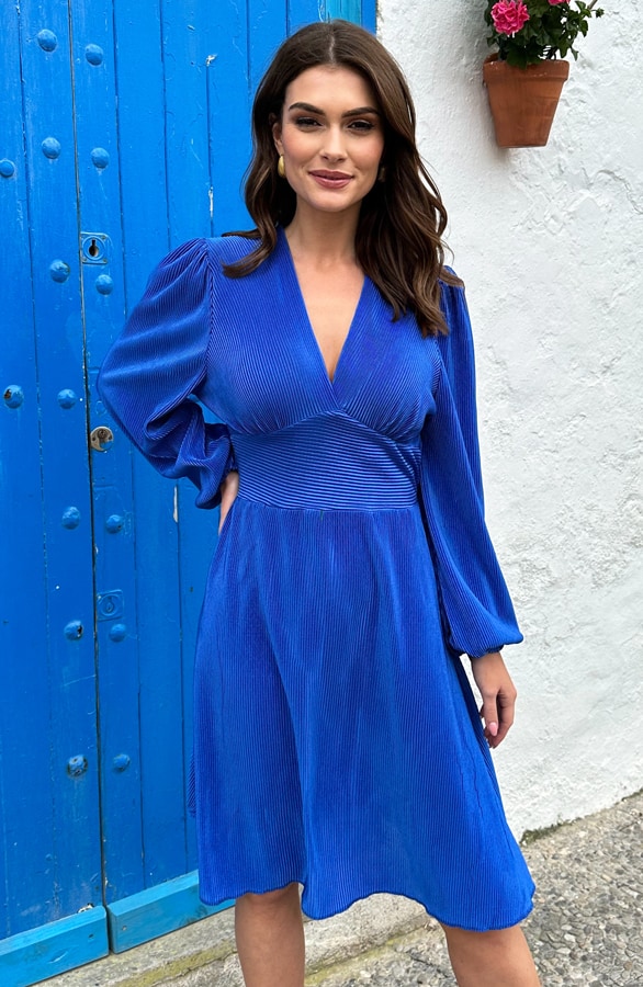 Pofmouwen Plisse Jurk Kobalt – shoparchief