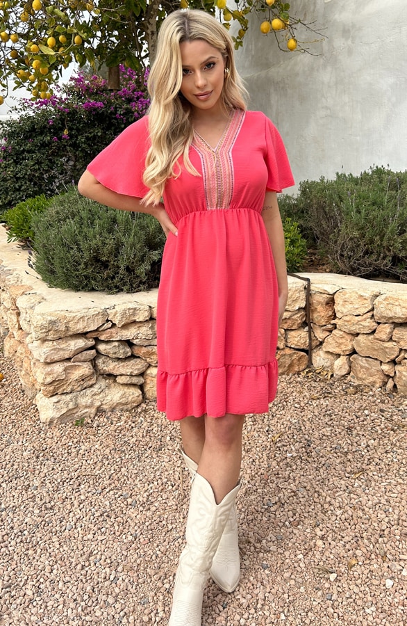 V-Hals Jurk Aztec Koraal – shoparchief, foto 4