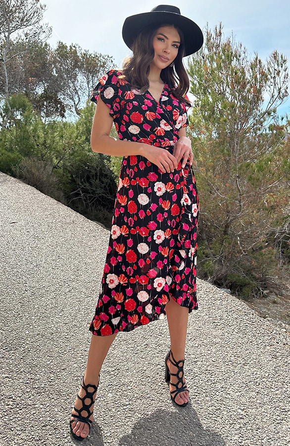 Bloemen Midi Jurk Zwart – jurken, foto 4