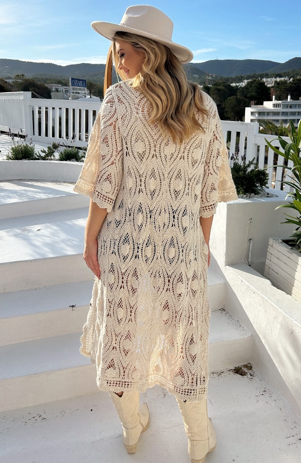 Boho Kimono Lang Gehaakt Beige – shoparchief, foto 3