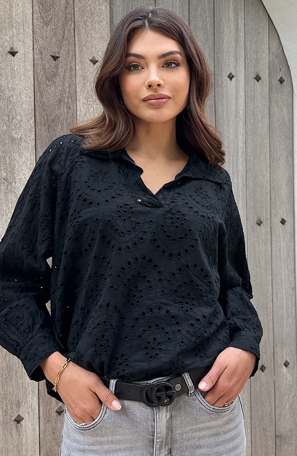 Embroidery Oversized Blouse Zwart – shoparchief, foto 2