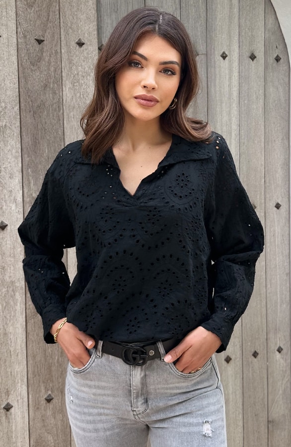 Embroidery Oversized Blouse Zwart – shoparchief