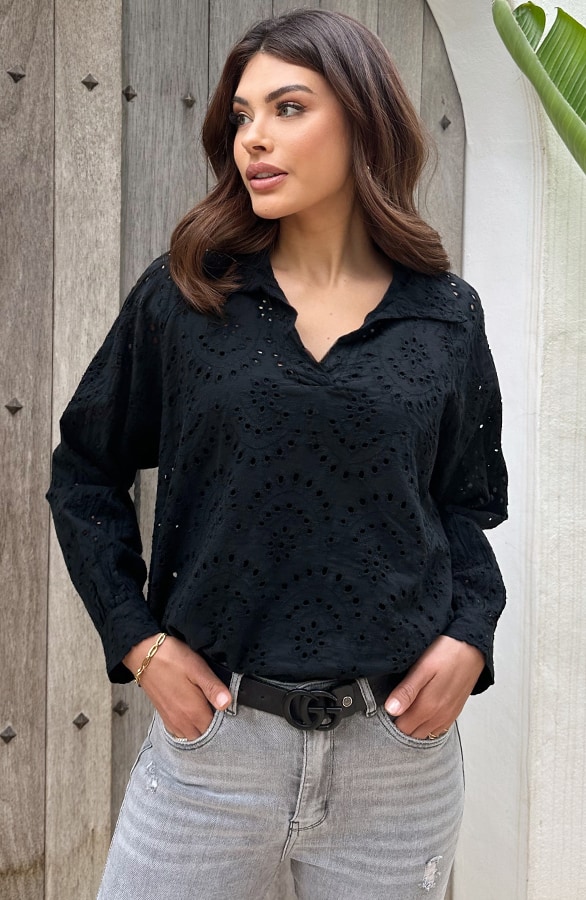 Embroidery Oversized Blouse Zwart – shoparchief, foto 3