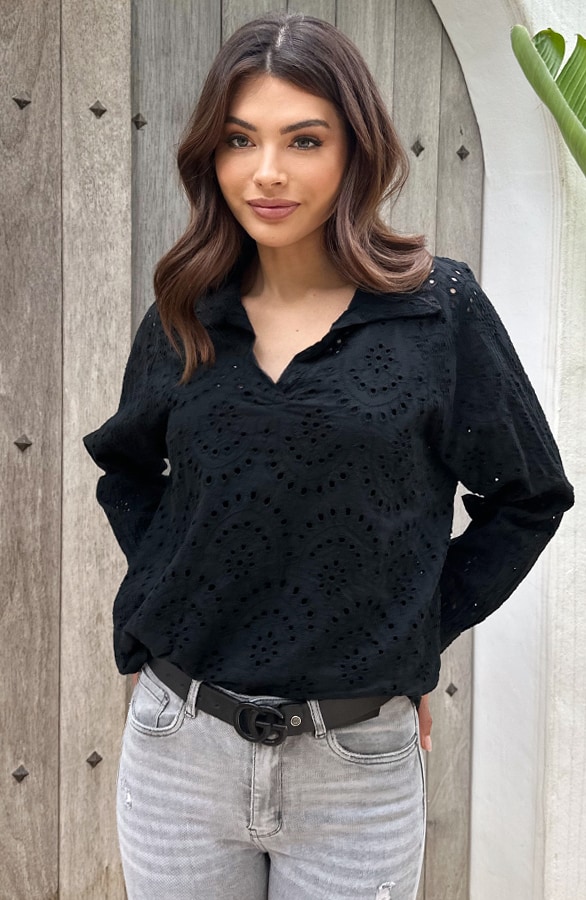 Embroidery Oversized Blouse Zwart – shoparchief, foto 4