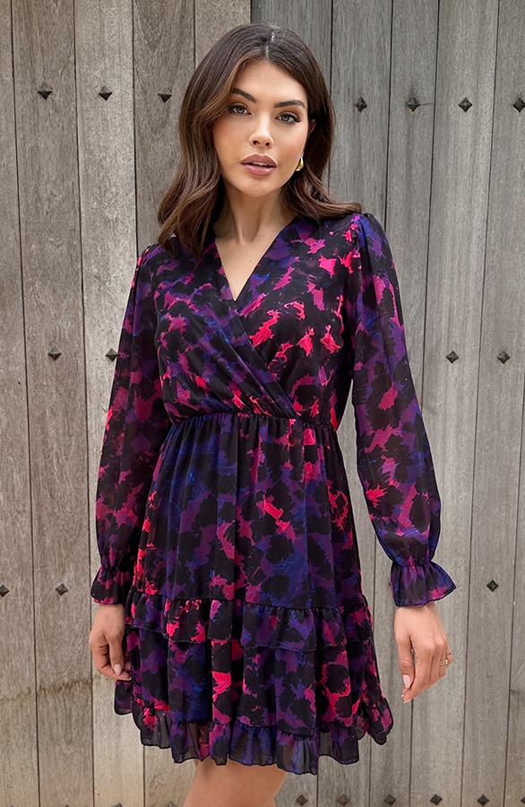 Exclusive Print V-Hals Dress Leopard Dark Purple – shoparchief, foto 4