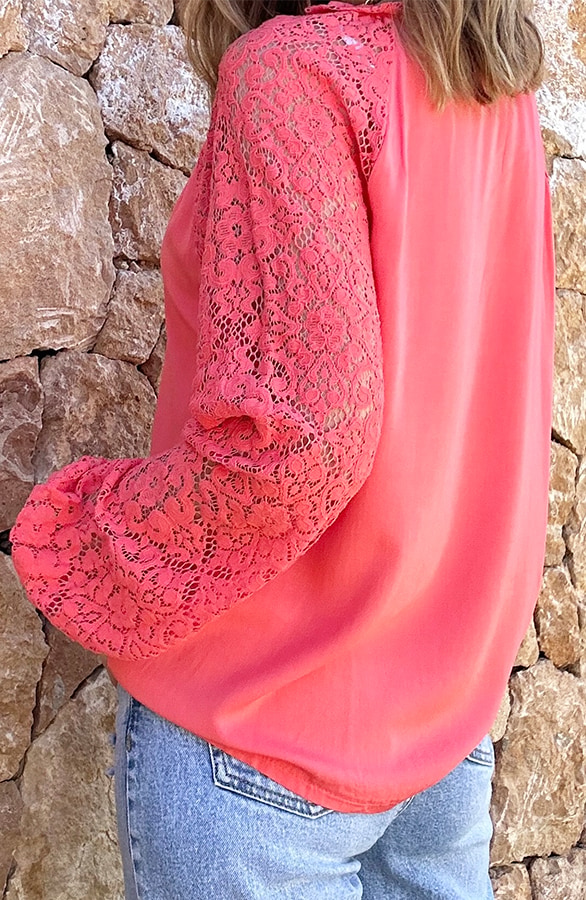 Lace Sleeve Shirt Koraal – shoparchief, foto 3