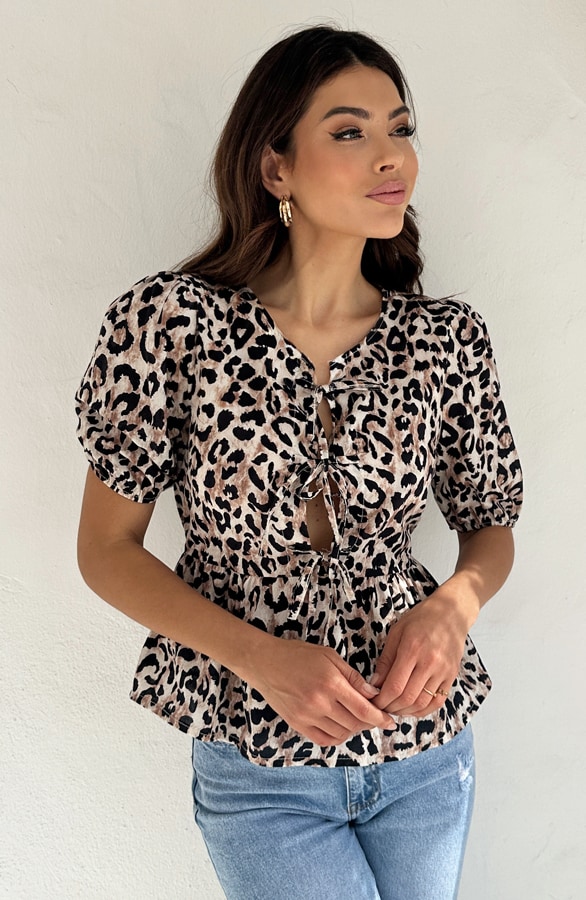 Leopard Pofmouwen Peplum Top – shoparchief, foto 4