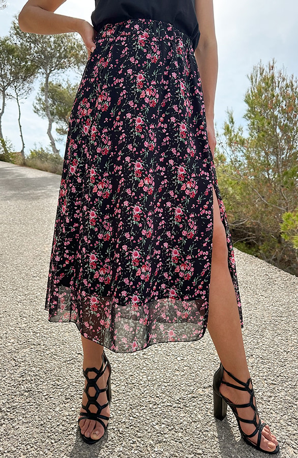 Midi Bloemen Split Rok Zwart – shoparchief