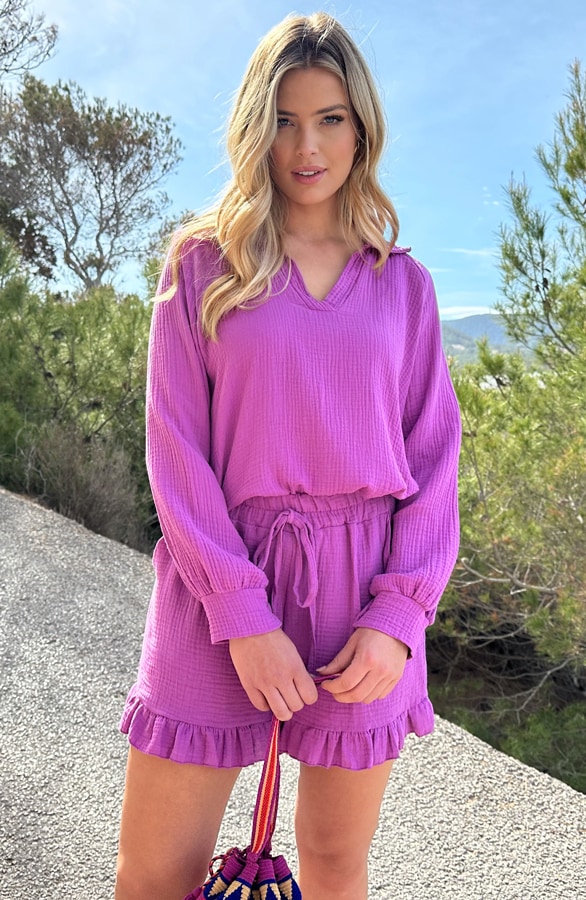 Oversized V-hals Blouse Mousseline Viola – shoparchief, foto 5