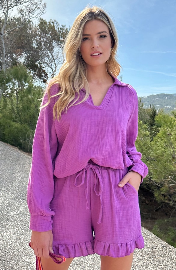 Oversized V-hals Blouse Mousseline Viola – shoparchief, foto 2
