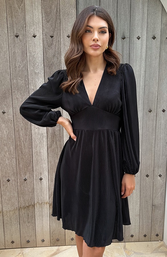 Pofmouwen Plisse Jurk Zwart – shoparchief, foto 3