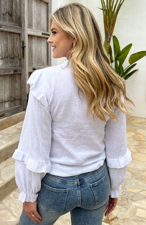 Ruffle Sleeve Blouse Mousseline Ecru – shoparchief, foto 3