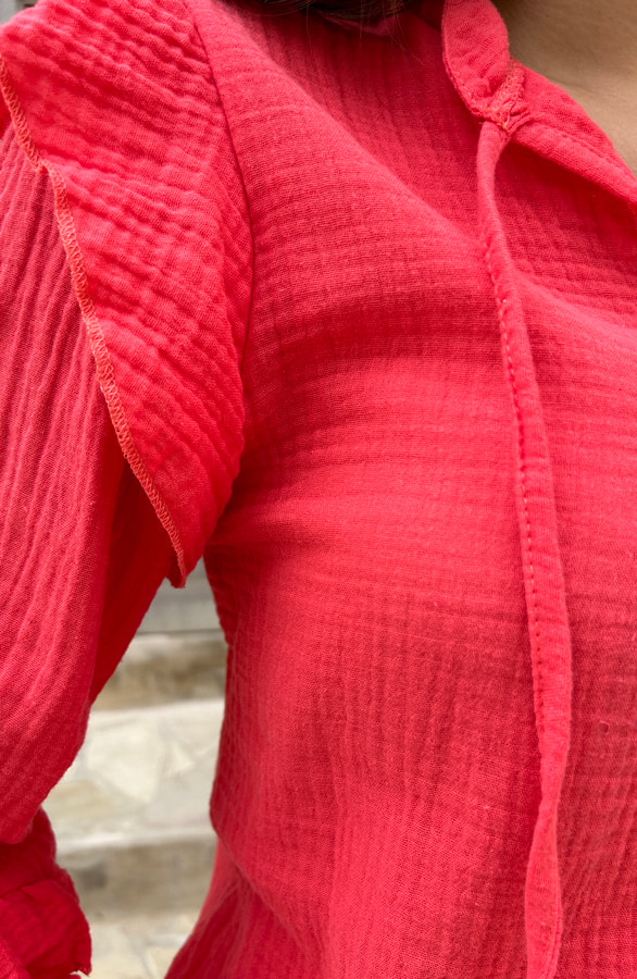 Ruffle Sleeve Blouse Mousseline Koraal – shoparchief, foto 5