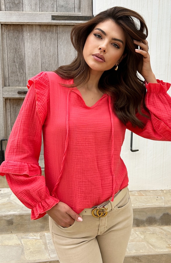 Ruffle Sleeve Blouse Mousseline Koraal – shoparchief