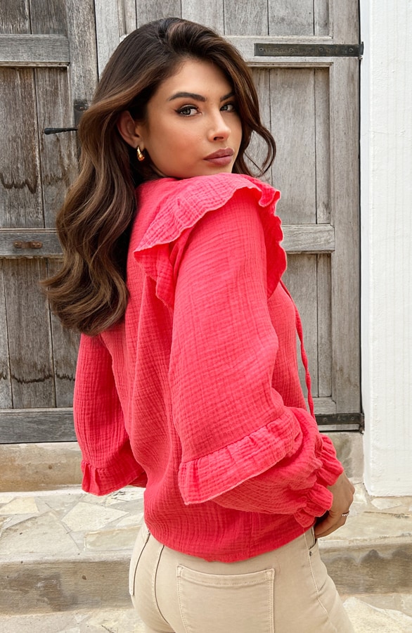 Ruffle Sleeve Blouse Mousseline Koraal – shoparchief, foto 3