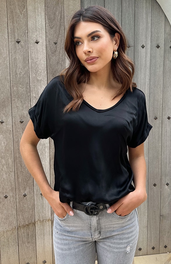 Silk Touch Top V-Hals Zwart – shoparchief, foto 2