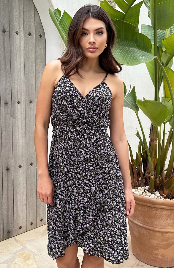 Spaghetti Wrap Jurk Bloemen Lila – shoparchief, foto 3