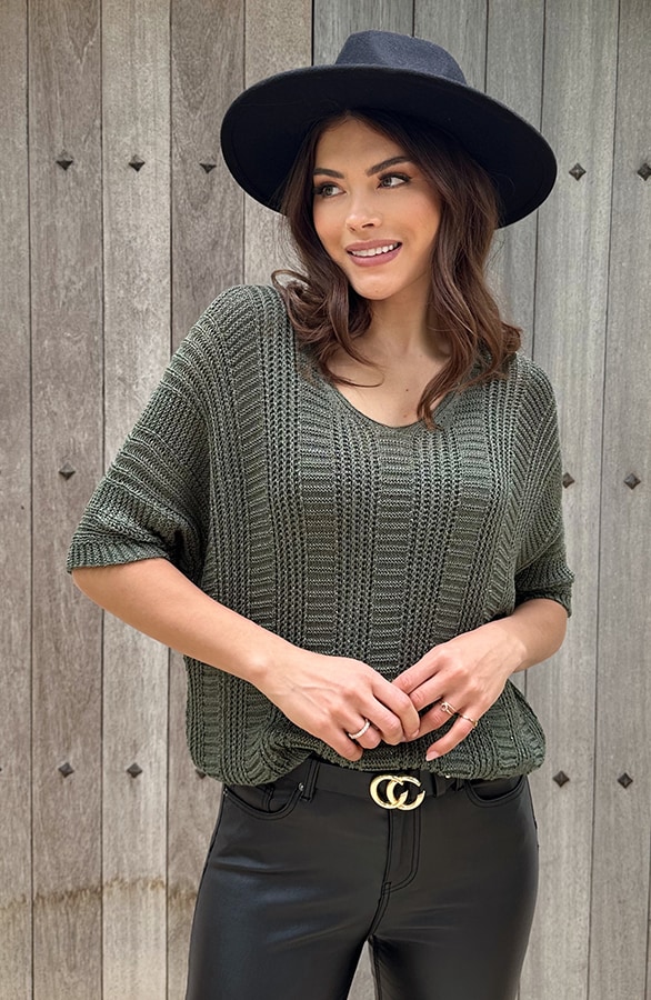 V-Hals Gehaakte Lurex Trui Army – shoparchief, foto 5