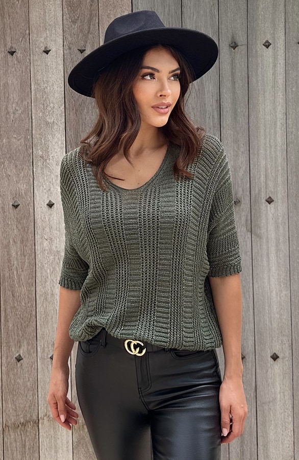 V-Hals Gehaakte Lurex Trui Army – shoparchief, foto 6