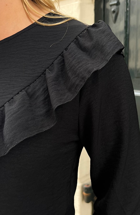 Long Sleeve Ruches Blouse Zwart – shoparchief, foto 5