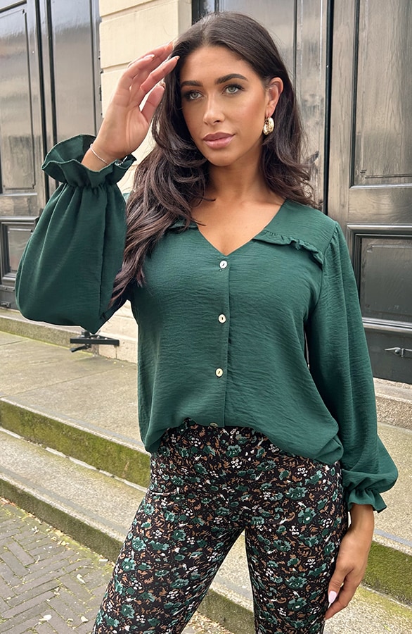 Ruffle Blouse Met Pofmouwen Smaragd – shoparchief
