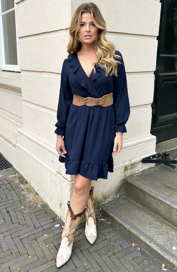 Ruffle V-Hals Jurk Marine – jurken, foto 6