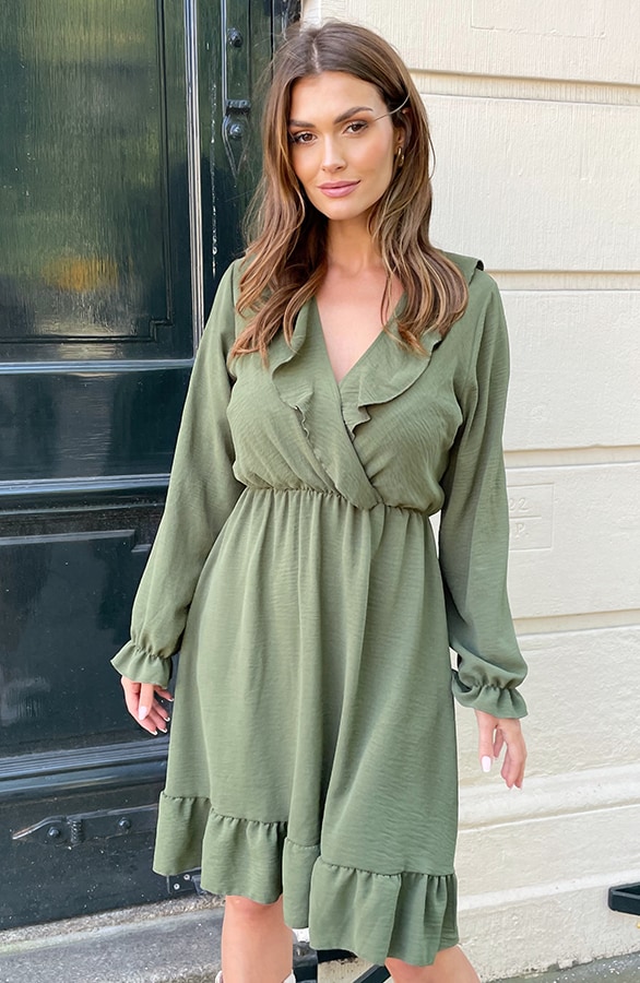 Ruffle V-hals Jurk Army – shoparchief