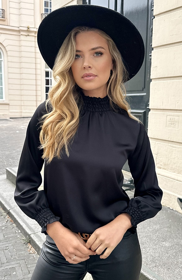 Satijnen Col Blouse Zwart – blouses