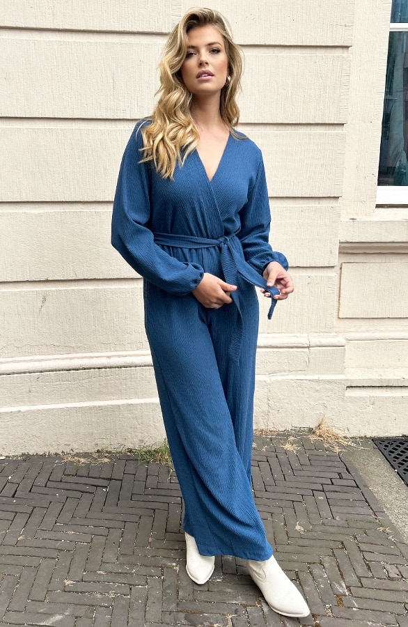 Smocked Jumpsuit V-hals Jeans Blue – shoparchief, foto 5