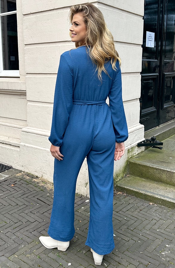 Smocked Jumpsuit V-hals Jeans Blue – shoparchief, foto 3