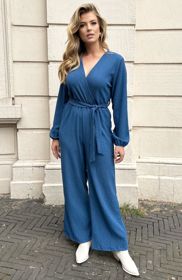 Smocked Jumpsuit V-hals Jeans Blue – shoparchief, foto 8