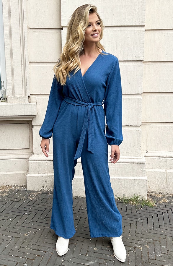 Smocked Jumpsuit V-hals Jeans Blue – shoparchief
