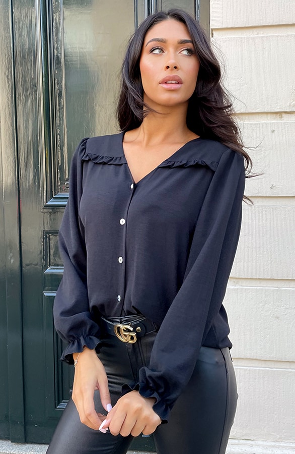 Ruffle Blouse Met Pofmouwen Zwart – blouses