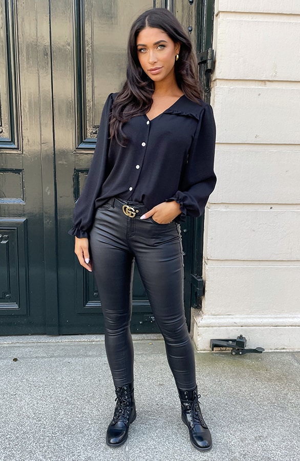 Ruffle Blouse Met Pofmouwen Zwart – blouses, foto 7