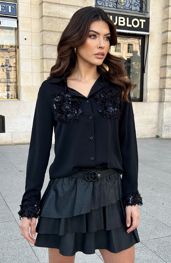 Feather Pocket Blouse Zwart – shoparchief, foto 2
