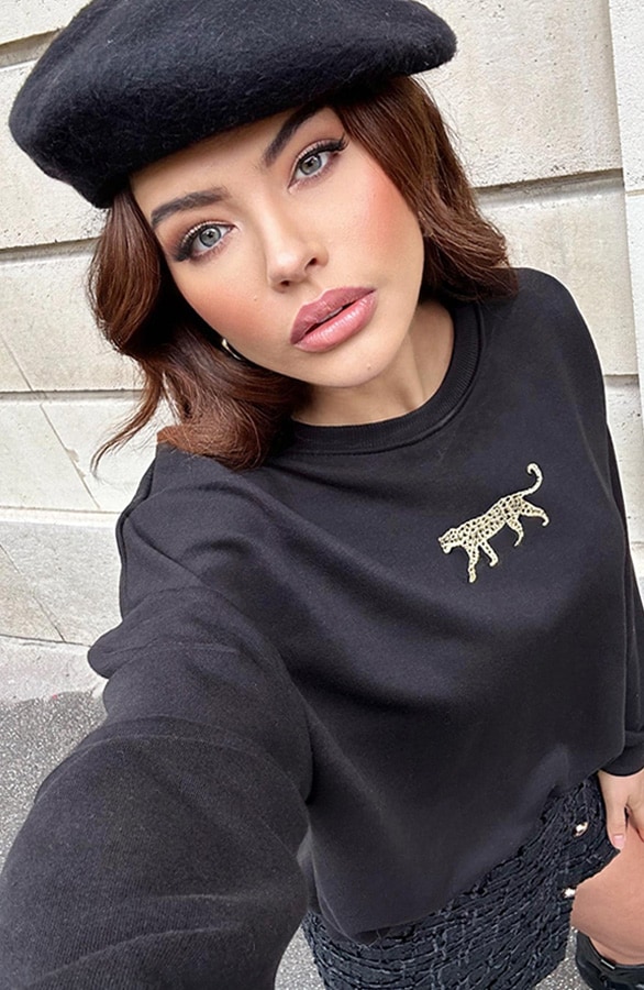Leopard Embroidery Sweater Zwart – truien, foto 2