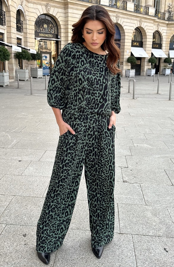 Mila Puff Sleeve Top Leopard Army – tops, foto 6
