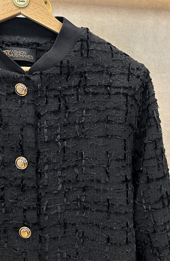Oversized Bouclé Button Jacket Zwart – shoparchief, foto 6
