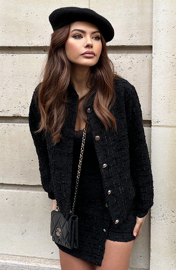 Oversized Bouclé Button Jacket Zwart – shoparchief, foto 4