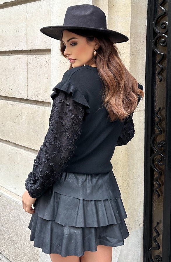 Roses Ruffle Sleeve Sweater Zwart – truien, foto 4
