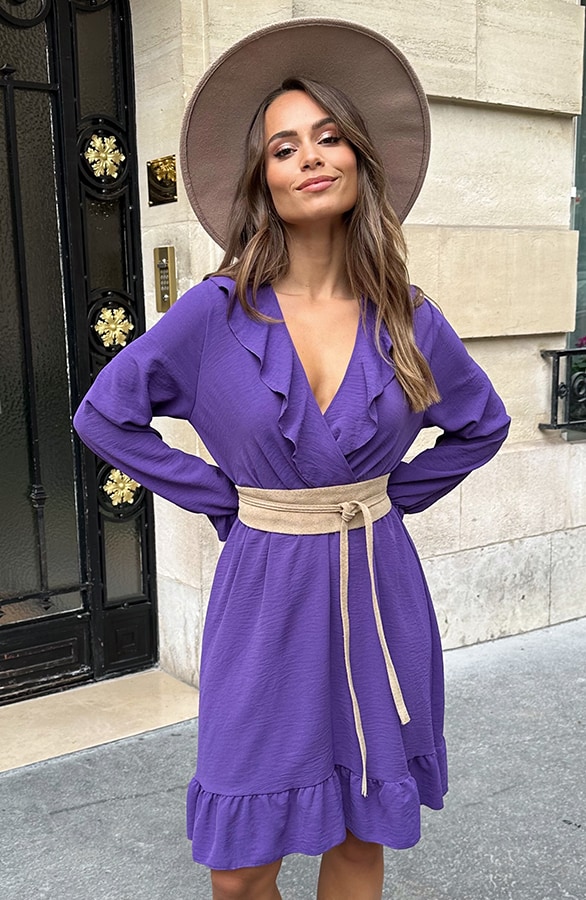 Ruffle V-hals Jurk Dark Purple – jurken, foto 3