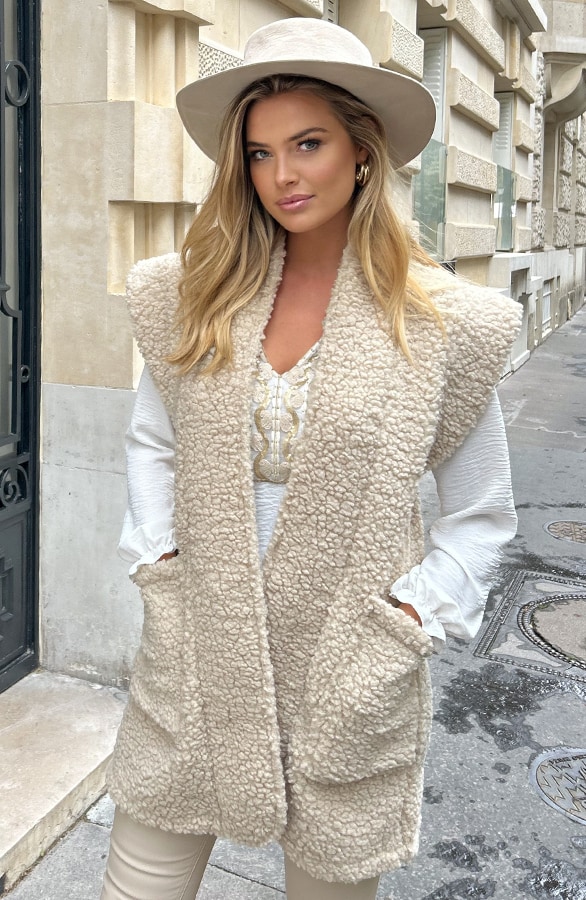 Teddy Gilet Maxi Light Beige – jurken, foto 4