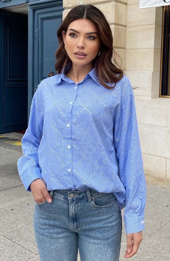 Ultra Oversized Strass Blouse Blue Lines – shoparchief, foto 4