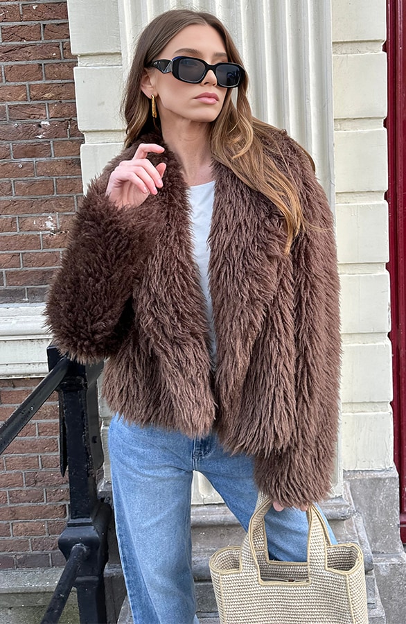 Faux Fur Jas Bruin – shoparchief, foto 5