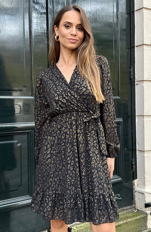 Luxury V-Hals Jurk Leopard Gold – jurken, foto 4